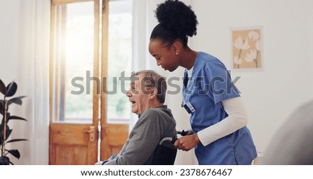 Senior care, nurse and old man with wheelchair, smile and help in healthcare at nursing home. Support, kindness and caregiver with elderly person with disability for homecare, retirement and service. Royalty-Free Stock Photo #2378676467