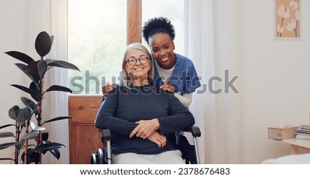 Senior care, nurse and old woman with wheelchair, portrait and smile in health at nursing home. Support, kindness and happy face of caregiver with elderly person with disability for homecare service. Royalty-Free Stock Photo #2378676483