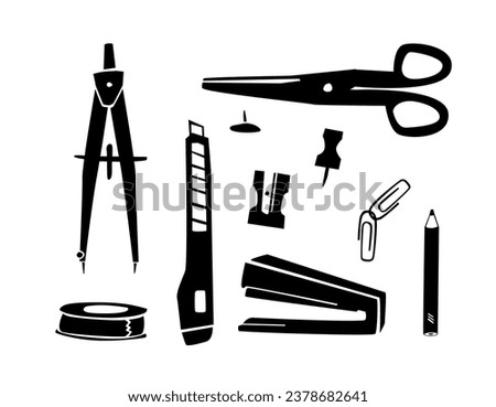 Set of black stationary tools for desktop, silhouette, style of doodle illustration. Scissors and stapler and different office materials.