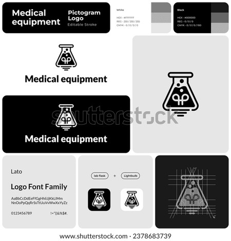 Medical equipment monochrome business logo with brand name. Lab flask and lightbulb icon. Design element and visual identity. Template with lato font. Suitable for medical, laboratory, healthcare.
