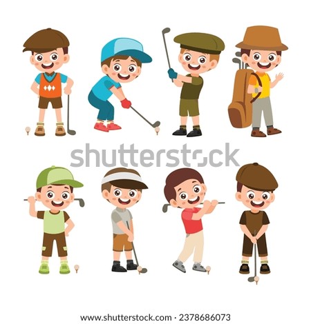 Set of Cute Little Boy Playing Golf Kid Children with Various Different Poses. Activity Isolated Element Objects. Flat Style Icon Vector Illustration