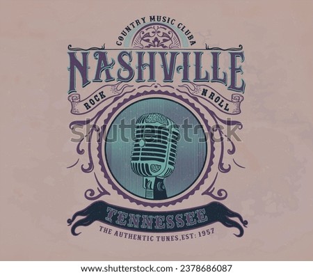 nashville music poster vector design, vintage music poster artwork, western folk music design, old microphone vector, retro vintage artwork for t shirt, poster, sticker, label  Royalty-Free Stock Photo #2378686087