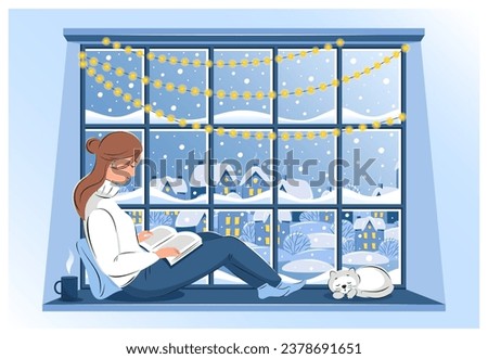 Woman reading book and sitting at the winter window. Cozy winter vector illustration
 Royalty-Free Stock Photo #2378691651
