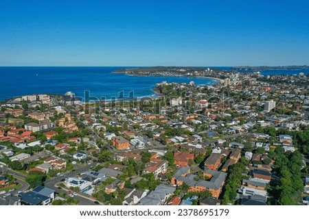 Panoramic drone aerial view over Freshwater, Queenscliff and Manly in the Northern Beaches area of Sydney NSW Australia