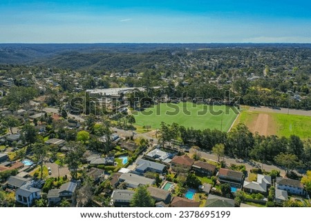 Panoramic drone aerial photo of a residential area in the Northern Beaches, Sydney, Australia.