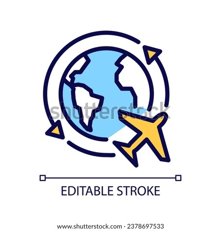 Travel around world pixel perfect RGB color icon. Plane flight. Moving abroad. International airline service. Isolated vector illustration. Simple filled line drawing. Editable stroke. Arial font used