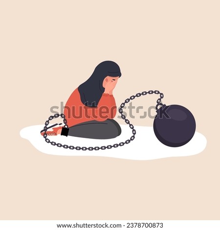Self flagellation. Sad arabian woman with heavy wrecking ball feeling guilty. Concept of psychological self-harm, criticism, judgment. Mental problems. Vector illustration in flat cartoon style. Royalty-Free Stock Photo #2378700873