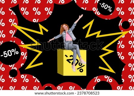 Creative magazine collage image of funky carefree lady enjoying huge shopping sale isolated colorful background