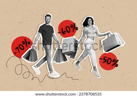 Couple spend free time together collage illustration using coupons bring bags packages home delivery isolated on beige background