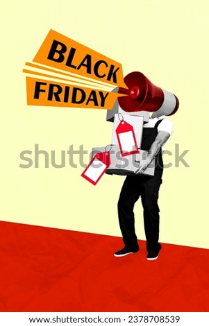 Creative collage of courier carry boxes black friday deals with empty labels announce megaphone sale starts isolated on yellow background