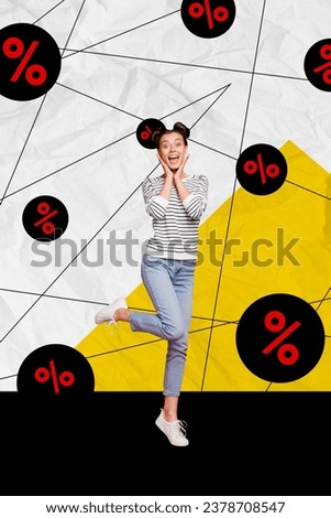Collage artwork picture of excited funky lady getting big shopping discounts isolated painting background