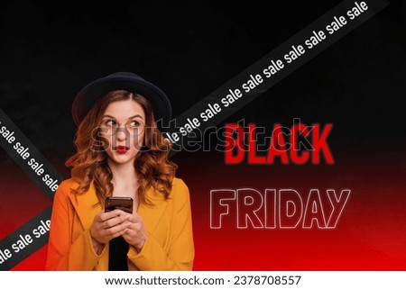 Collage of young glamour lady stylish hat with orange jacket browsing phone black friday eshopping propositions isolated on red background