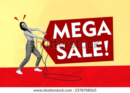 Creative composition of collage girl drag huge coupon mega sale label invites you brand boutique do purchase isolated on yellow background