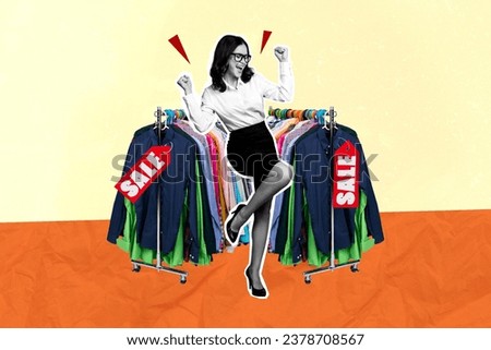 Promo billboard collage funky business lady celebrate shopping day sale customer find hanging formal shirts isolated on yellow background