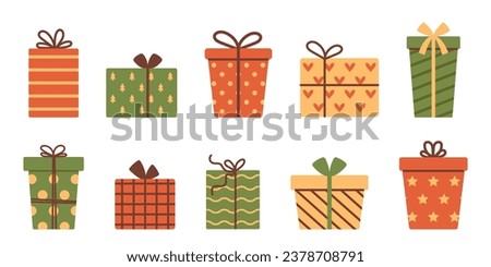 Vector gift box set. Holiday presents in festive paper wrapping with ribbon bows. Collection of Christmas, New Year or Birthday gifts.