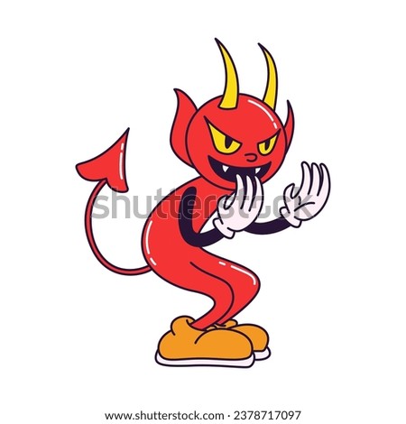 Spooky red devil vintage toons, funny character, trendy classic retro cartoon style. Happy Halloween. Contour vector illustration isolated on white.