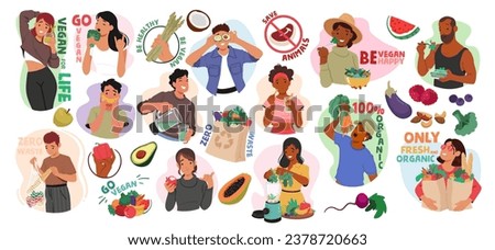 Vegan Characters Adhere To A Plant-based Lifestyle, Abstaining From All Animal Products, Including Meat, Dairy, And Eggs, For Ethical, Environmental, Health Reasons. Cartoon People Vector Illustration Royalty-Free Stock Photo #2378720663