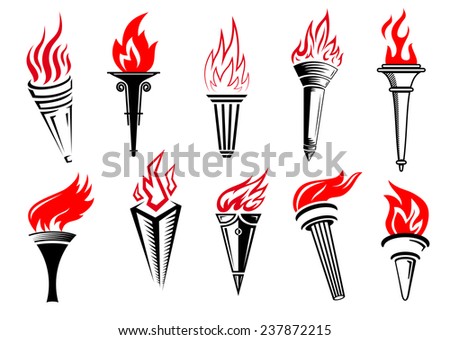 Flaming torches icons set with red flame and black handle for sports and peace concept design