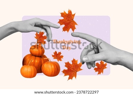 Artwork collage of two black white colors arms fingers reach touch connect mini pile stack pumpkin fallen maple leaves thanksgiving day placard
