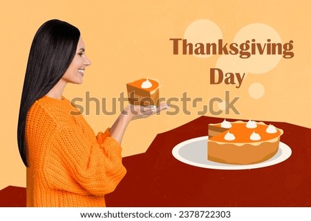 Collage picture of positive peaceful girl arms hold piece thanksgiving day pumpkin pie isolated on beige background