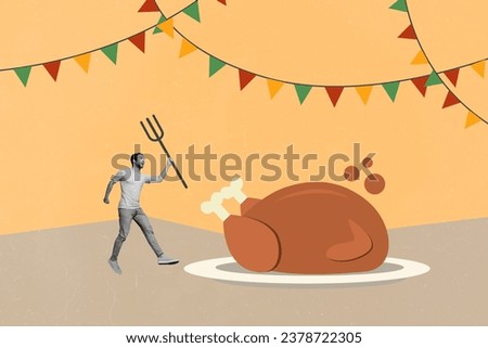 Artwork collage picture of mini excited black white colors guy hold fork huge baked turkey tray isolated on beige background