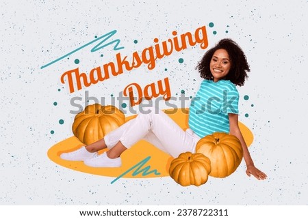Composite collage picture of positive cheerful girl thanksgiving day pumpkins isolated on drawing creative background
