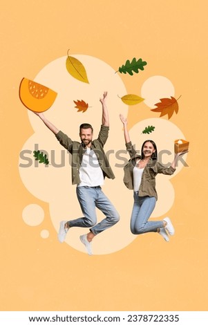 Vertical collage picture of two excited people jumping arms hold piece pumpkin cake pie flying leaves isolated on beige background