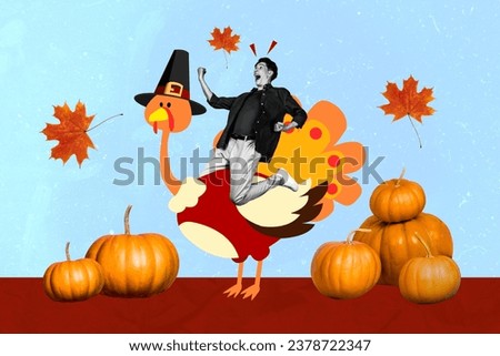 Collage picture of black white colors mini excited guy ride drawing turkey raise fists pumpkin flying leaves isolated on blue background