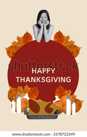 Vertical collage picture of funky black white colors girl look roasted turkey tray candle light fallen leaves isolated on beige background