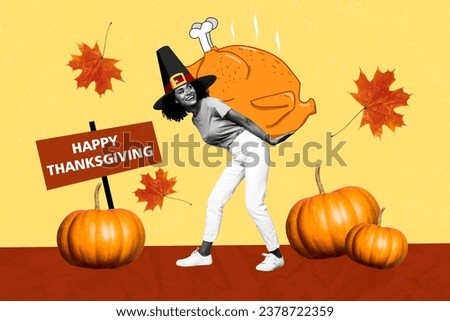 Collage picture of black white colors cheerful girl arms hold big baked hot turkey happy thanksgiving pumpkin fallen leaves