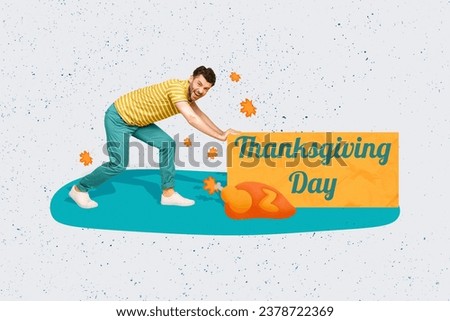 Creative collage picture of funky crazy guy arms push thanksgiving day poster baked turkey isolated on painted background