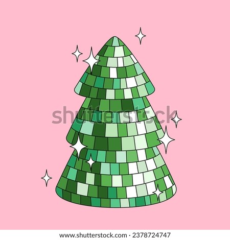 Disco mirror ball Green Christmas tree on pink background.
Cute holiday card. Vector funky illustration.