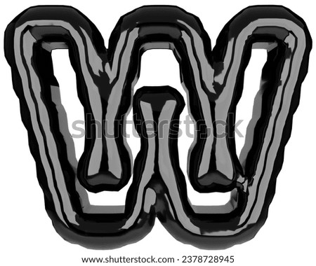 Glossy inflated black color letter W uppercase illustration. 3D render of latex bubble font with glint. Graphic type, typography, ABC clipart, alphabet
