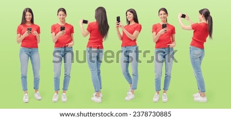 Young beautiful woman using a touch screen smartphone, set of various poses