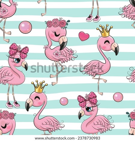 Seamless Pattern with cute cartoon Flamingos
