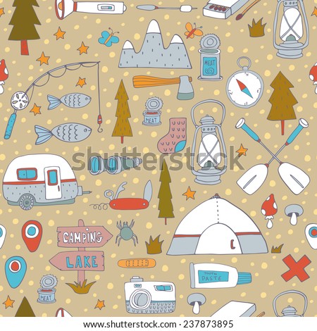 Seamless pattern with adventure equipment. EPS 10. No transparency. No gradients.
