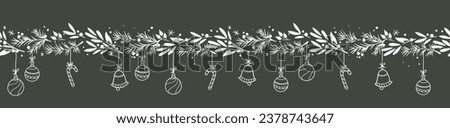 Cute hand drawn horizontal seamless pattern with branches and christmas decoration - x mas background, great for textiles, banners, wallpapers - vector design Royalty-Free Stock Photo #2378743647
