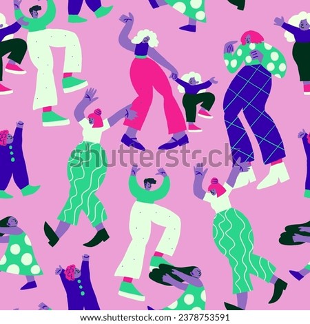 Seamless pattern with cool colorful people doodles on pink. Colorful party characters dancing on pink. Cartoon neon people