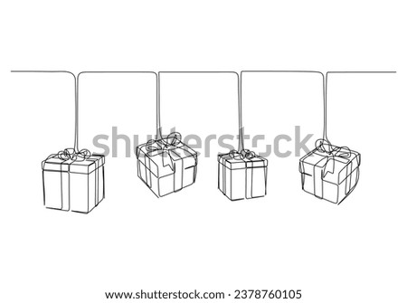 Hanging gift boxes. Continuous one line art drawing. Vector illustration isolated on white background. Minimalist design handdrawn.