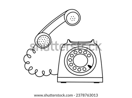 Hand drawn cute outline illustration of blue retro wired phone. Flat vector old telephone sticker in simple line art doodle style. Make a call. Pick up the phone icon or print. Isolated on white. Royalty-Free Stock Photo #2378763013