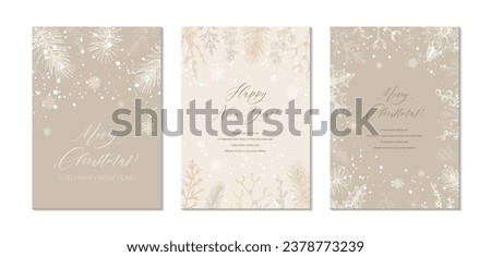Merry Christmas and Happy New year greeting cards set. Hand drawn sketch winter postcard. Trendy holiday festive design background for invitations, certificate, social media templates Royalty-Free Stock Photo #2378773239