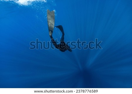 Freediver Swimming in Deep Sea With Sunrays. Young Man DIver Eploring Sea Life. Royalty-Free Stock Photo #2378776589