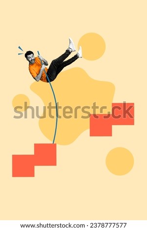 Vertical creative composite sketch illustration photo collage of funny man going up rope instead of ladder isolated on drawing background