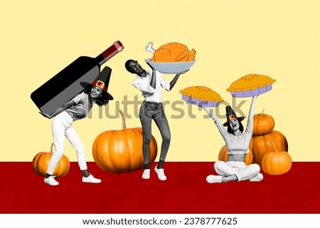 Artwork collage picture of mini black white colors people hold big wine bottle apple pie pumpkin baked turkey isolated on creative background