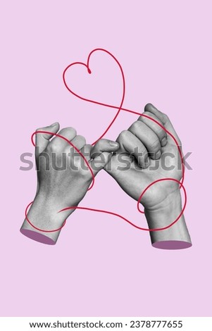 Vertical collage picture of black white colors two people arms hold pinky fingers heart symbol connection isolated on violet background