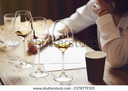 Sommelier degustate wine. Training of restaurant staff, studying alcohol list. Blind wine tasting. Royalty-Free Stock Photo #2378779101
