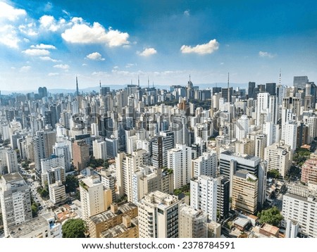 Aerial image of the Jardins and Jardim Paulista neighborhood. Tree-lined neighborhood close to Avenida Nove de Julho surrounded by large buildings in a prime area of São Paulo, the capital.