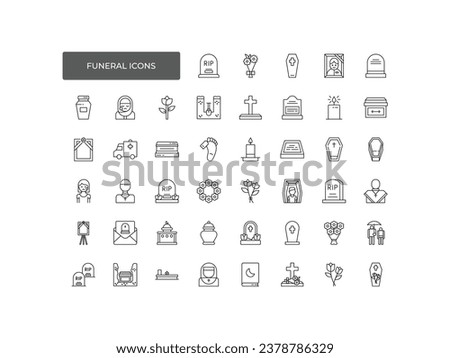 Funeral icon set. Collection of high quality outline Burial pictograms in modern flat style. Black angel, coffin, deth, grave logo Royalty-Free Stock Photo #2378786329