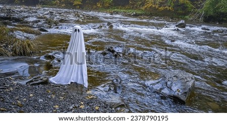 Ghost on the bank of a mountain misty river