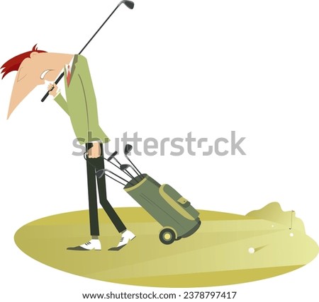 Upset golfer walk away from the golf course.
Sad golfer with a golf club on the shoulder and golf bag walks away from the golf course
